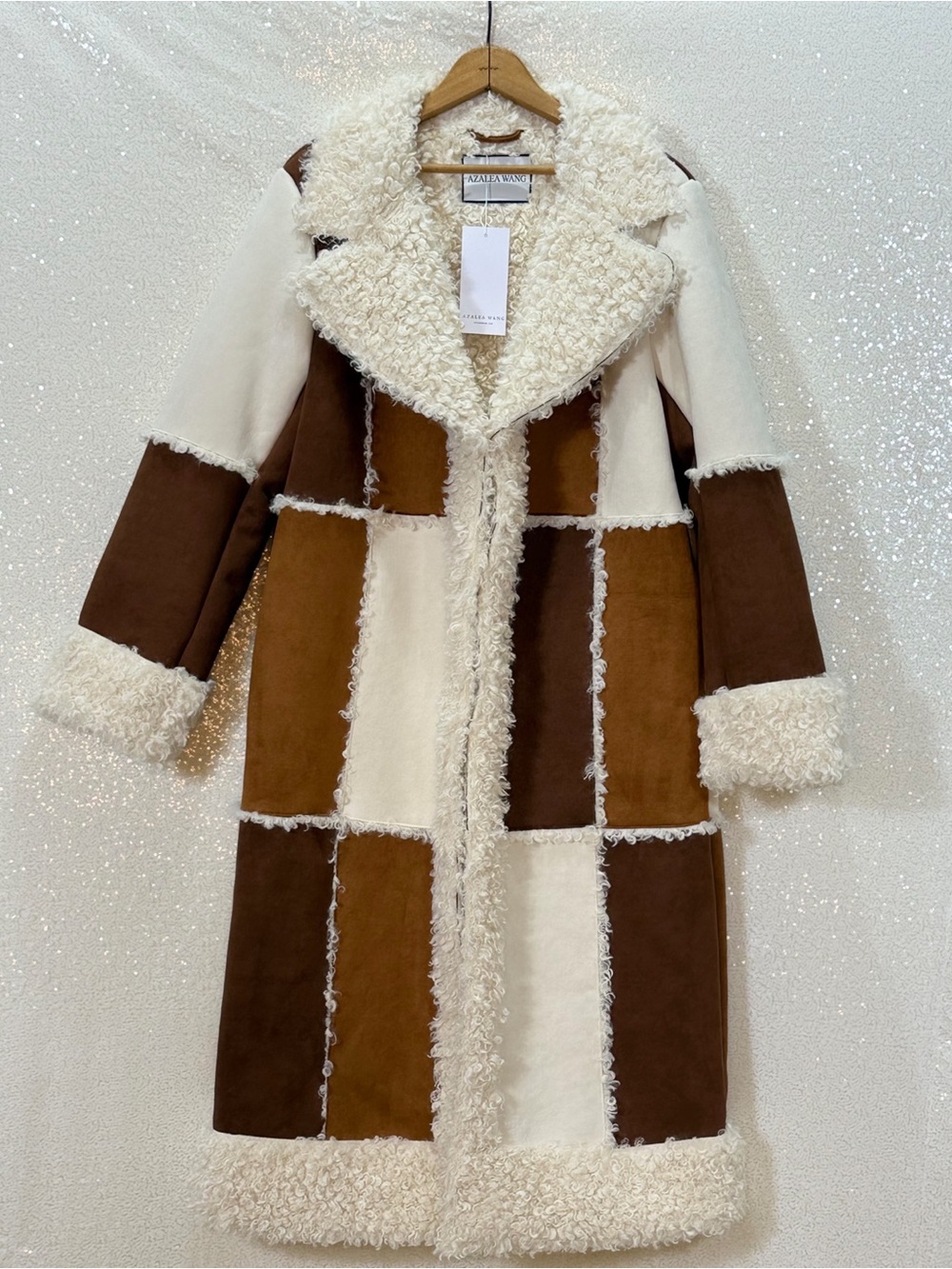 Azalea Wang Telluride Longline Patchwork Faux Shearling Coat Sherpa Boho Western - Picture 14 of 15
